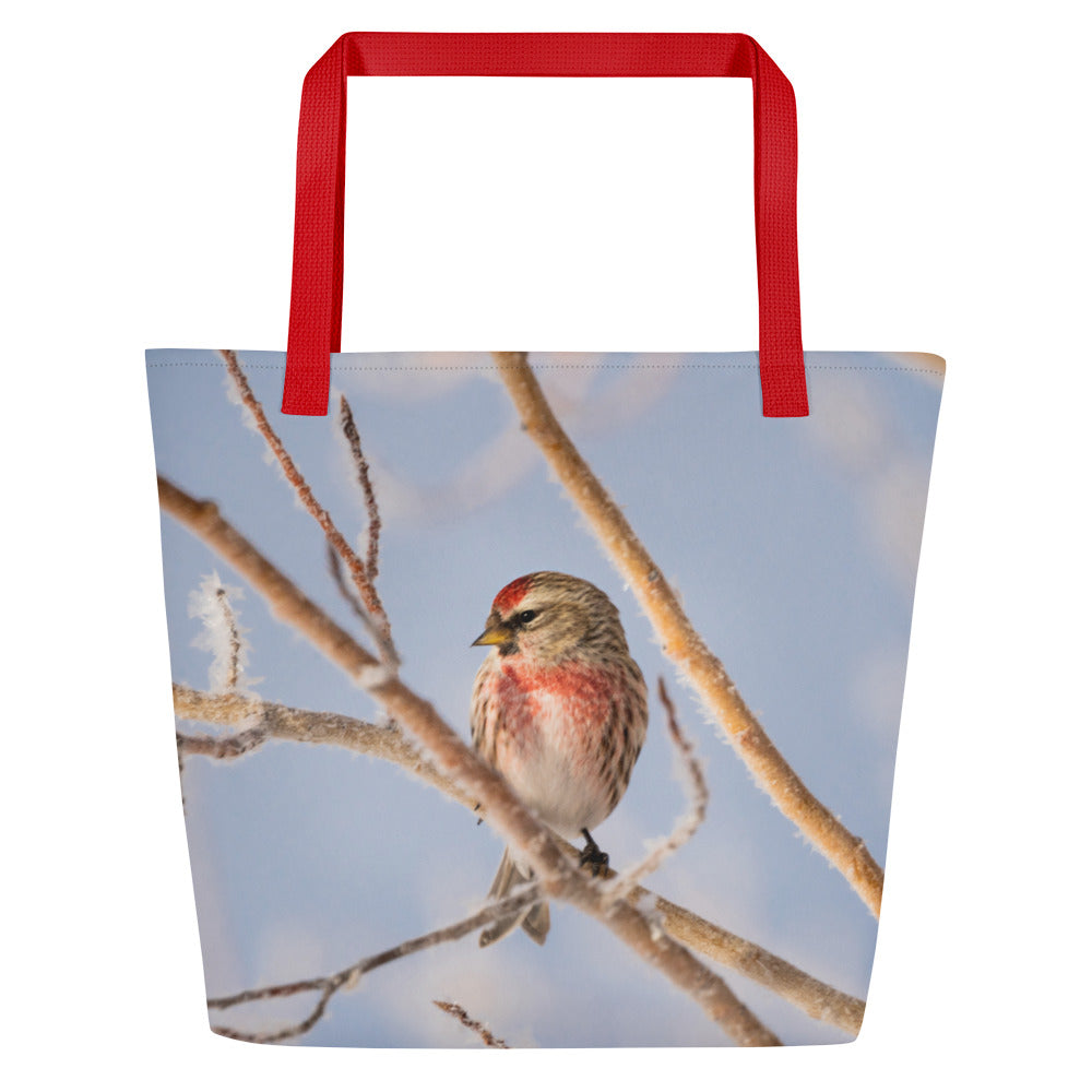 Large Tote Bags Featuring Common Redpolls: Carry a Touch of Winter’s Small Wonders