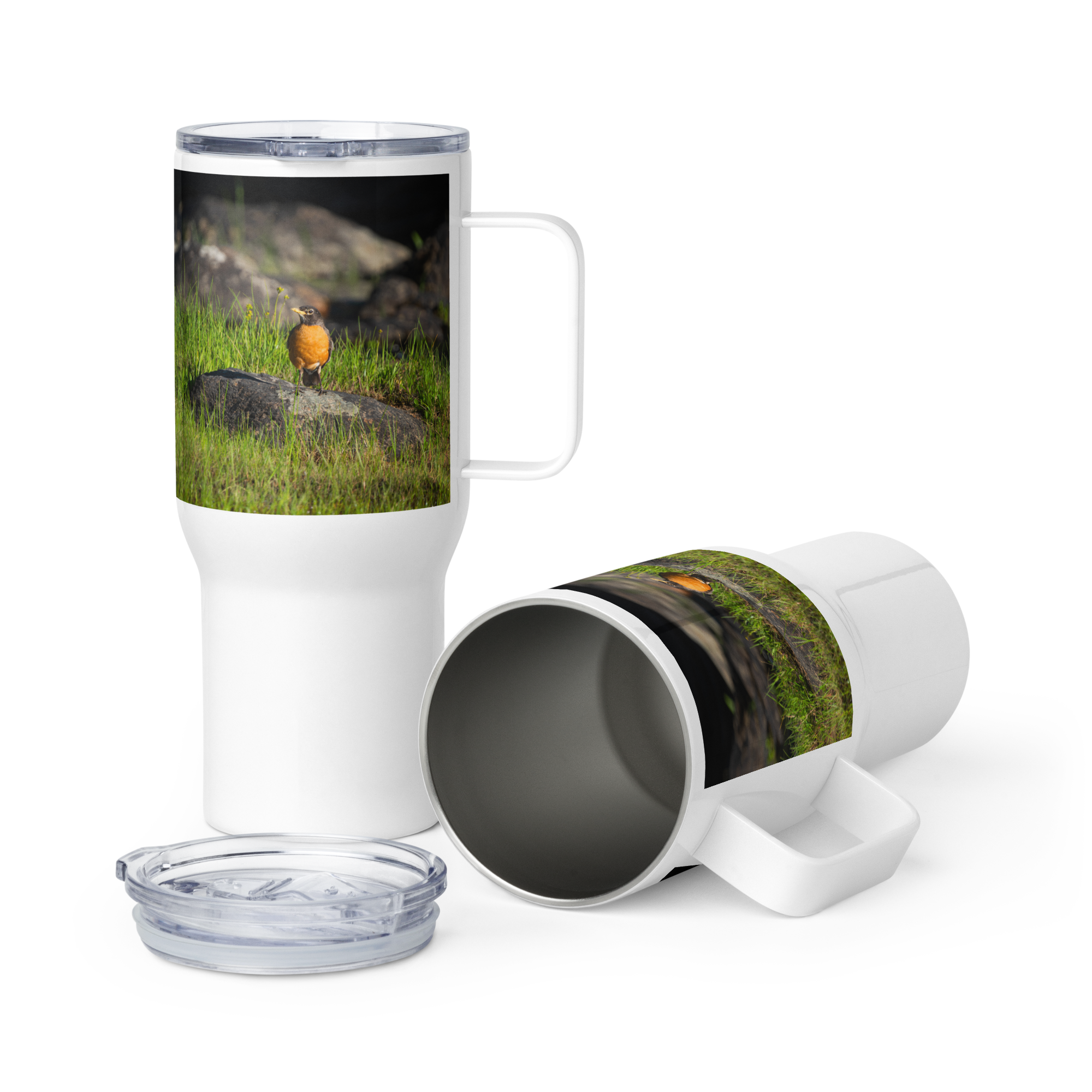 American Robin Travel mug with a handle
