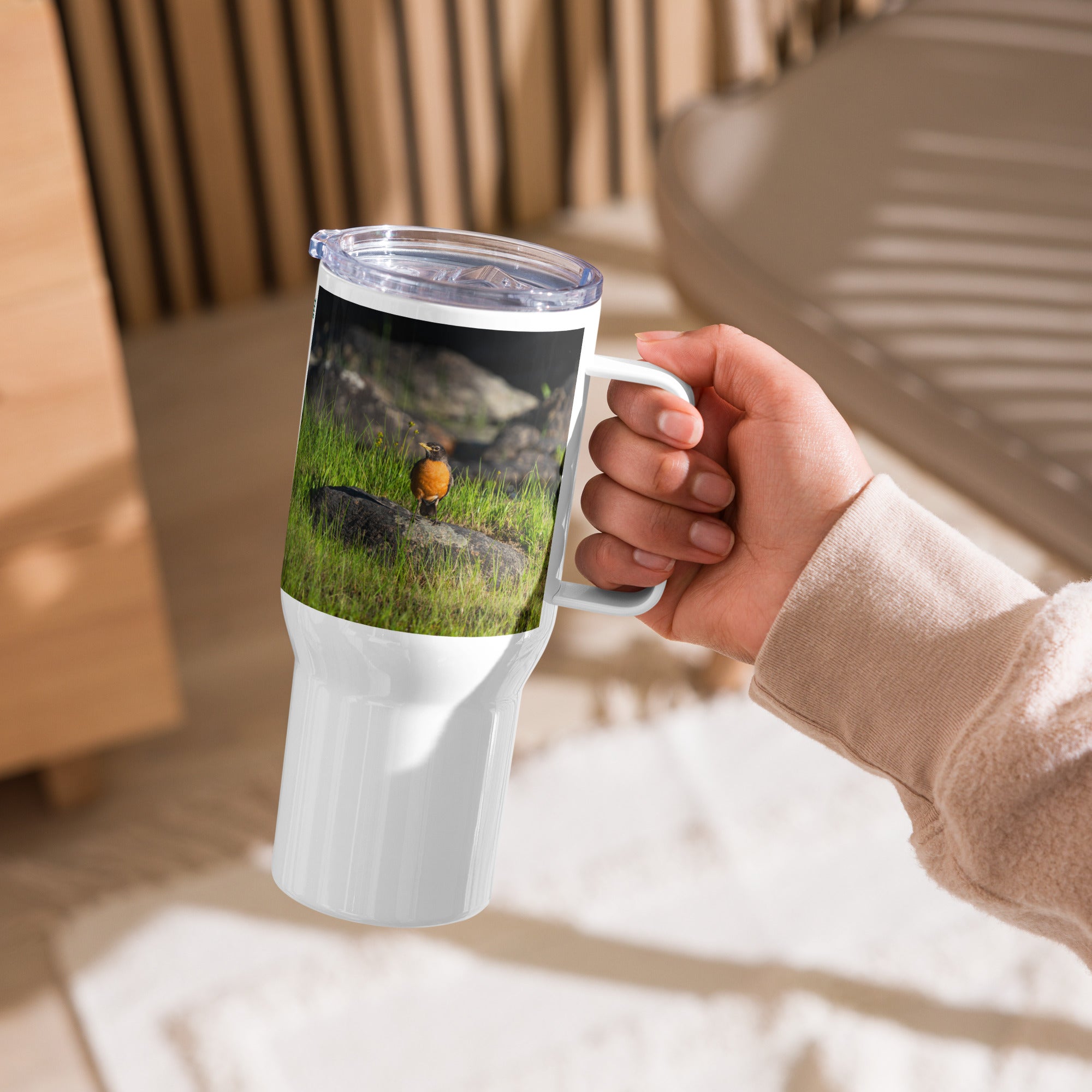American Robin Travel mug with a handle