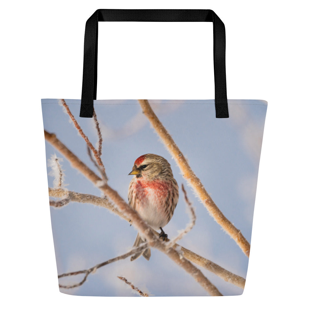 Large Tote Bags Featuring Common Redpolls: Carry a Touch of Winter’s Small Wonders