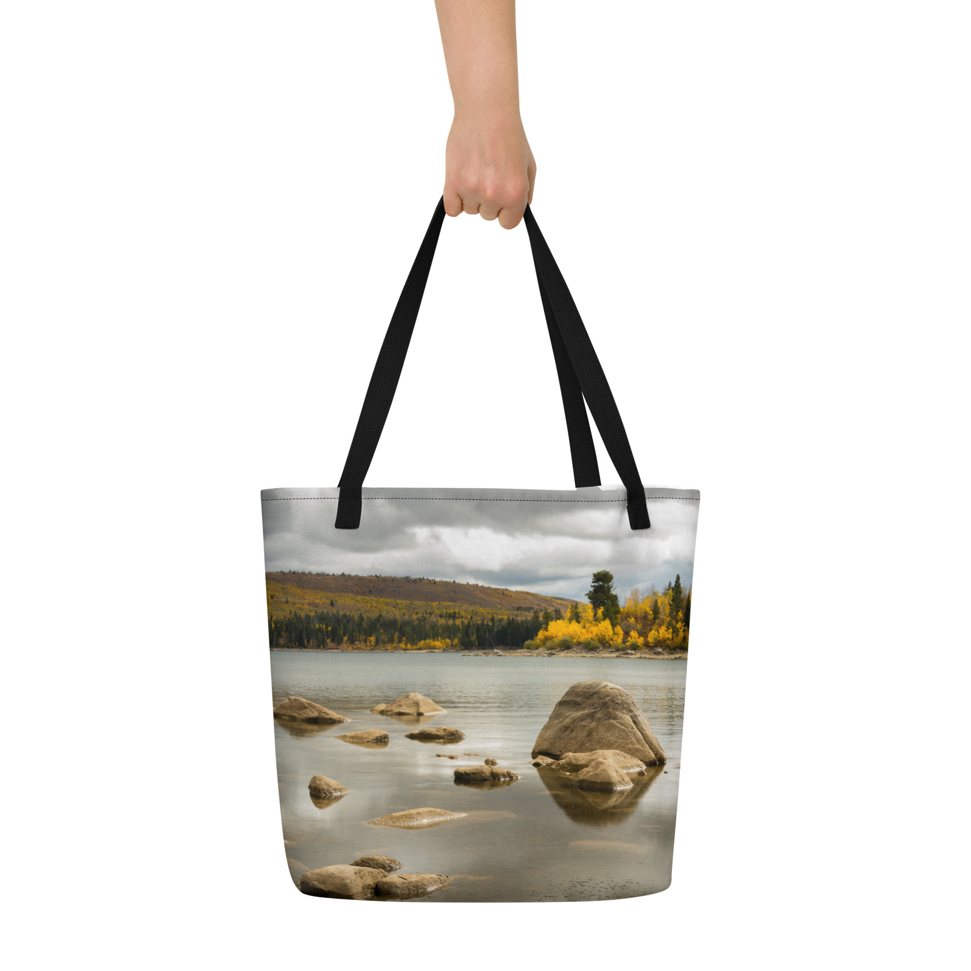 Lake Scene in the Fall All-Over Print Large Tote Bag