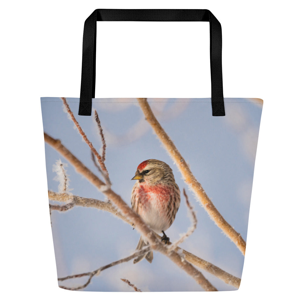 Large Tote Bags Featuring Common Redpolls: Carry a Touch of Winter’s Small Wonders