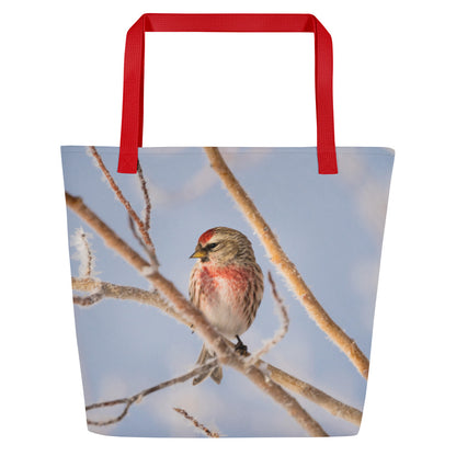 Large Tote Bags Featuring Common Redpolls: Carry a Touch of Winter’s Small Wonders