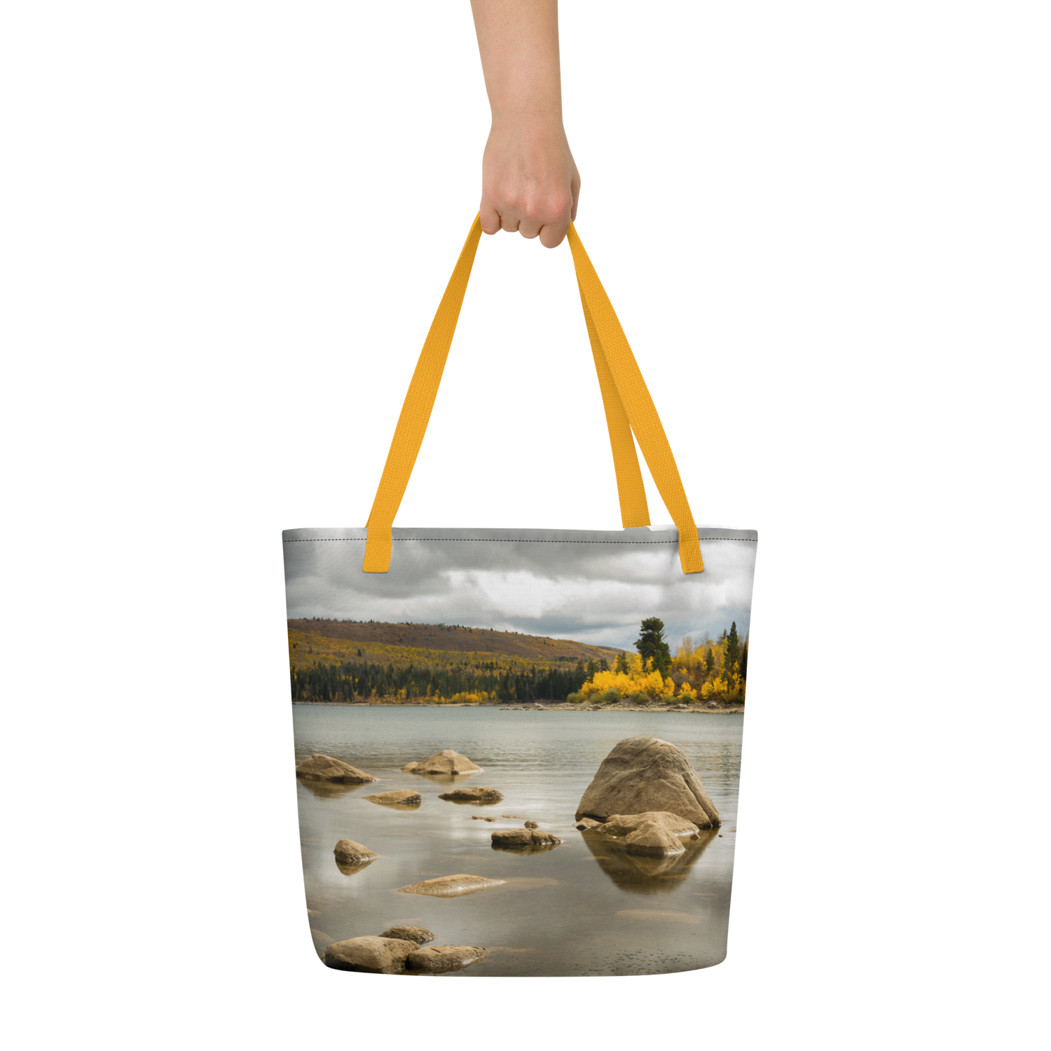 Lake Scene in the Fall All-Over Print Large Tote Bag