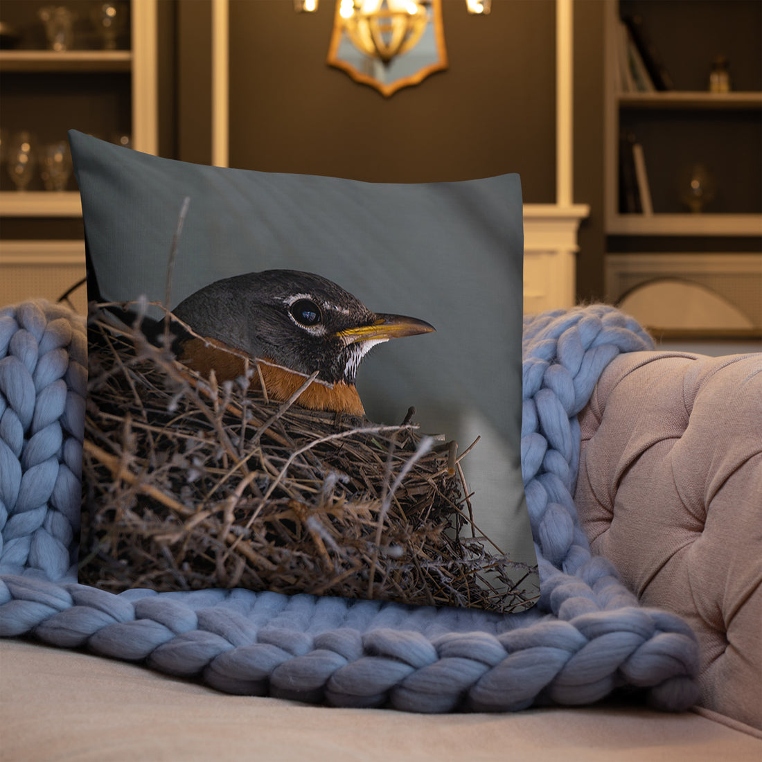 Robin in Nest Premium Pillow