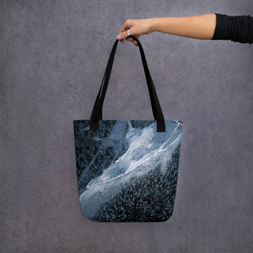 Frozen Lake  Texture Tote Bags: Carry the Cosmos of Wyoming’s Frozen Lakes