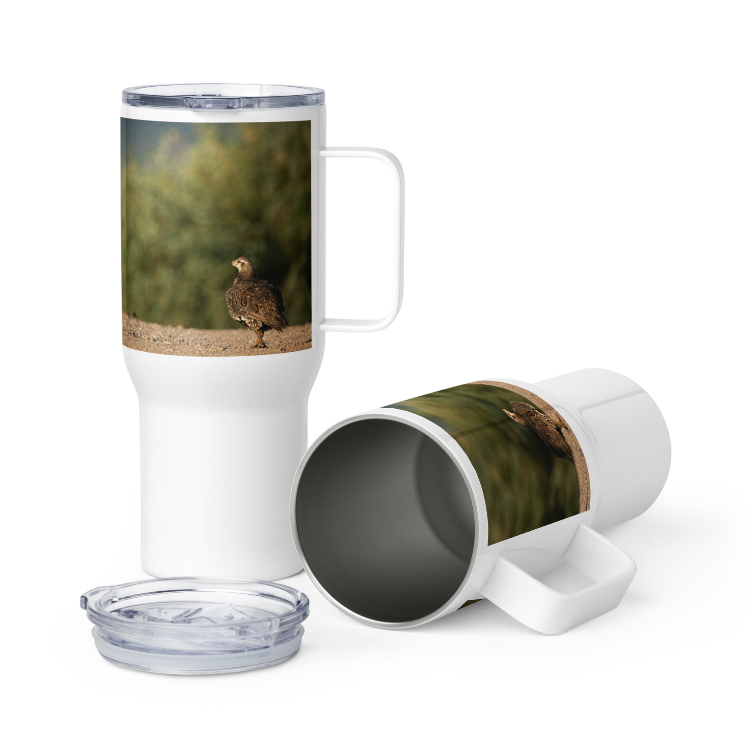 Sage Grouse Travel mug with a handle