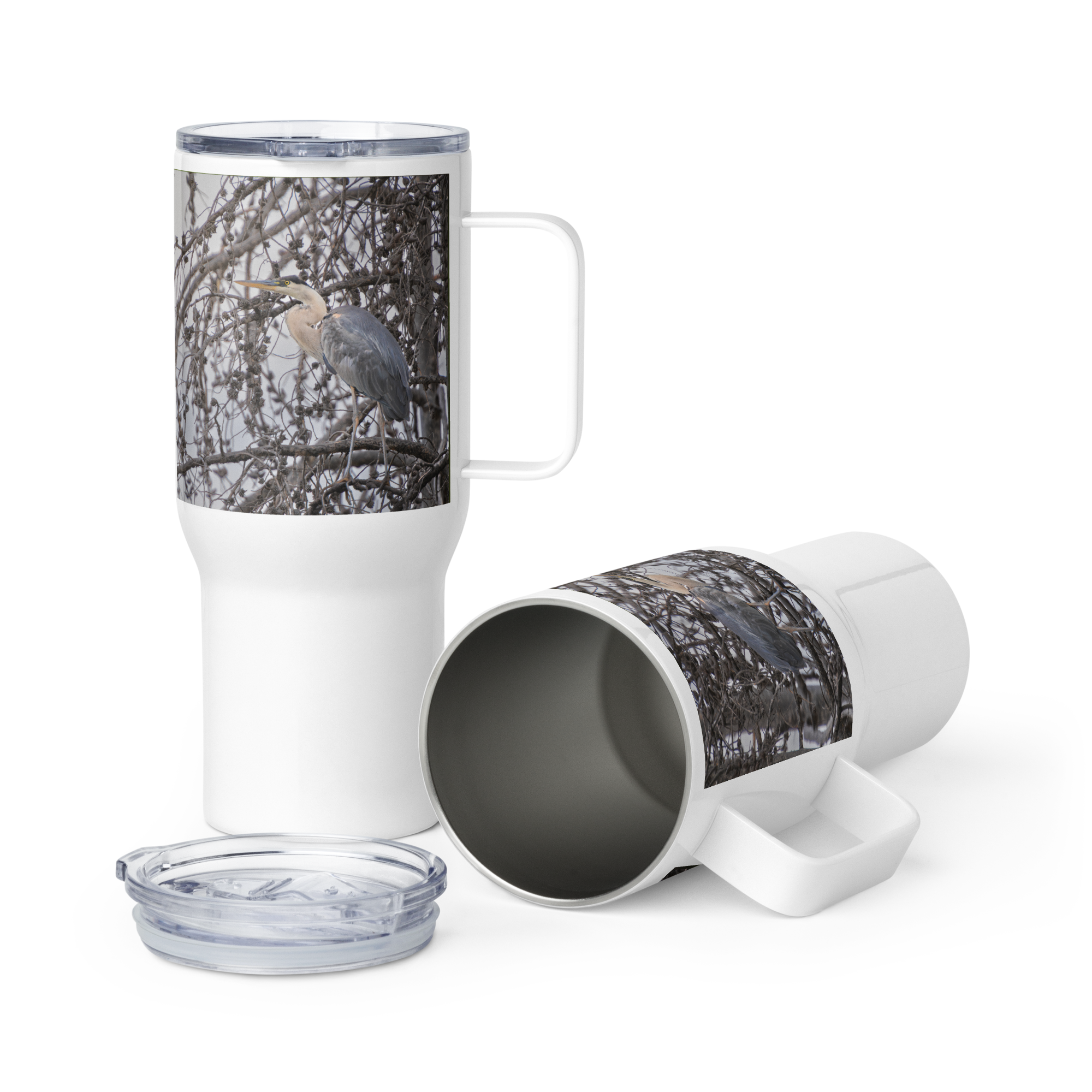 Blue Heron Travel mug with a handle