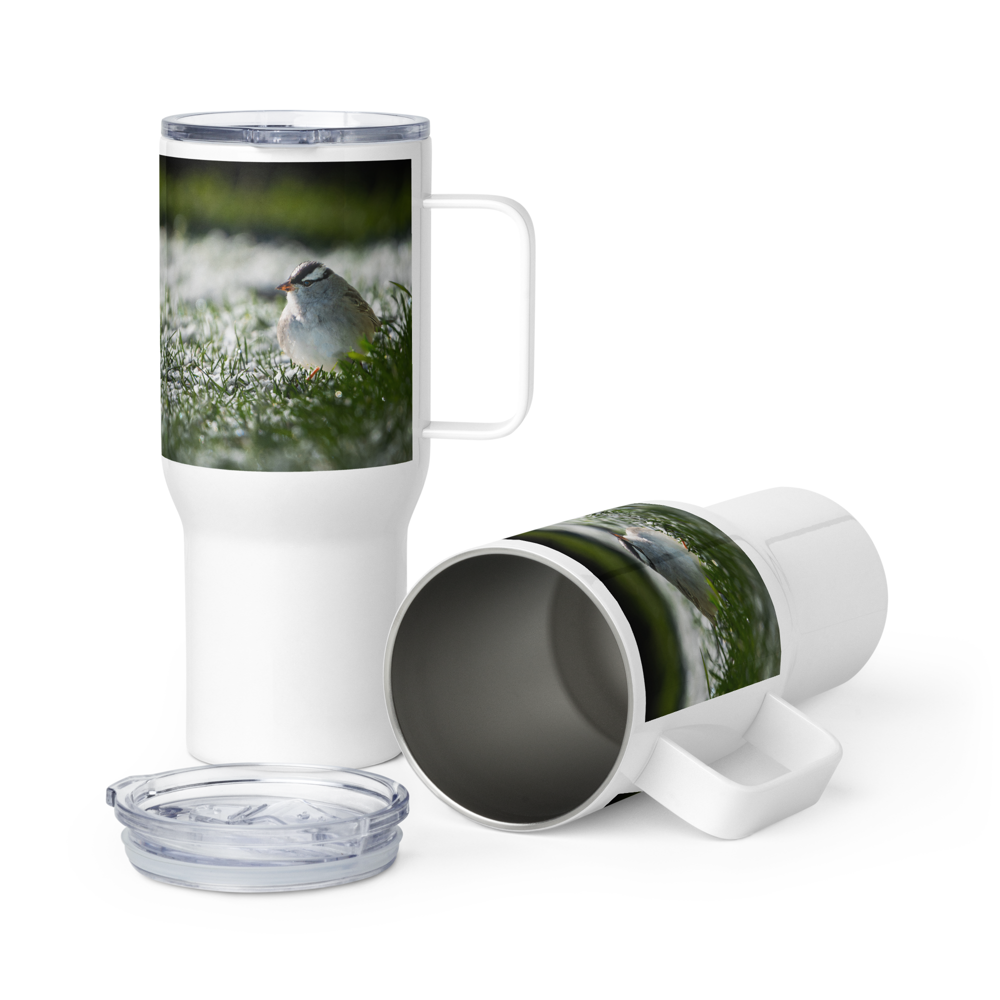 White-crowned Sparrow Travel mug with a handle