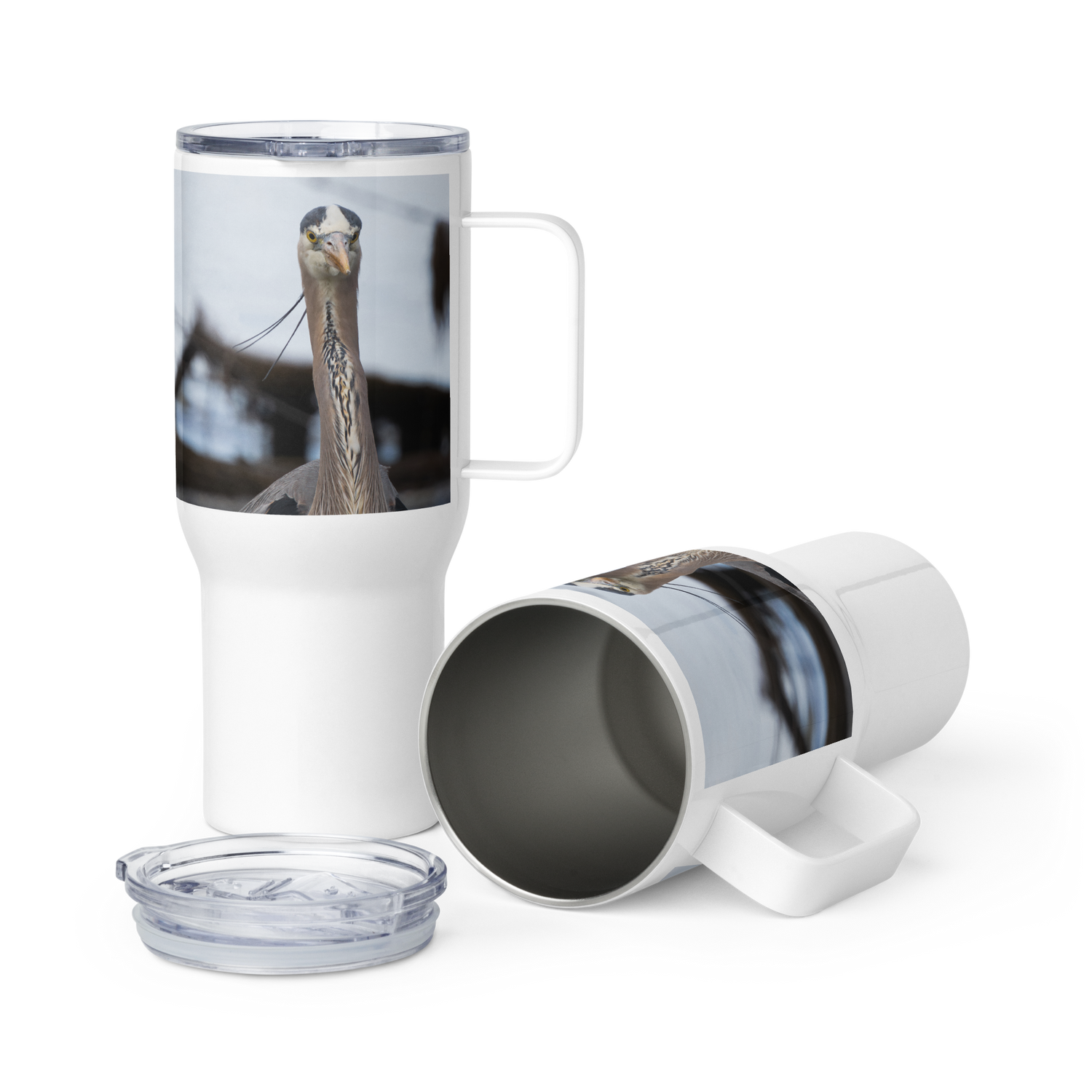 Blue Heron Travel mug with a handle