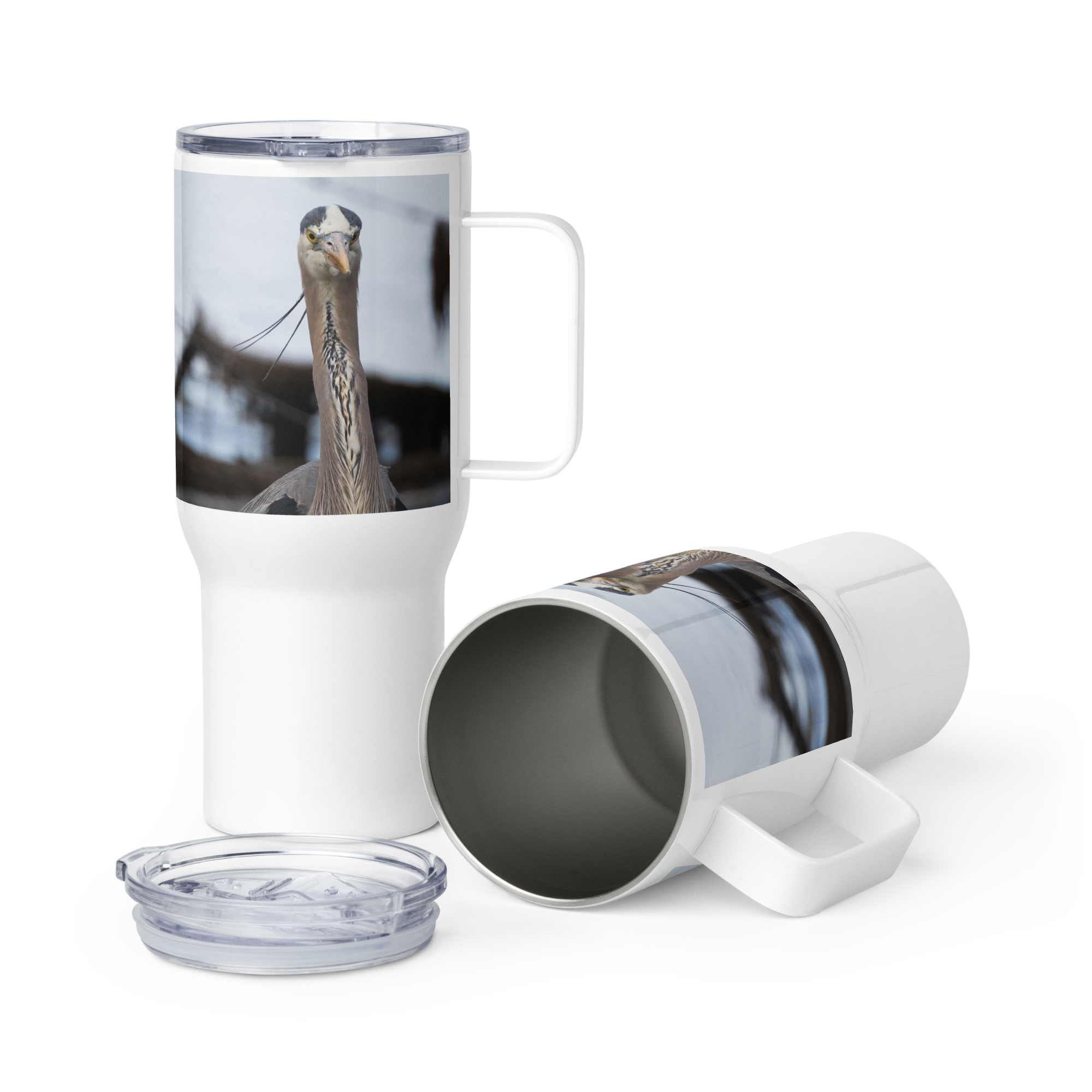 Blue Heron Travel mug with a handle