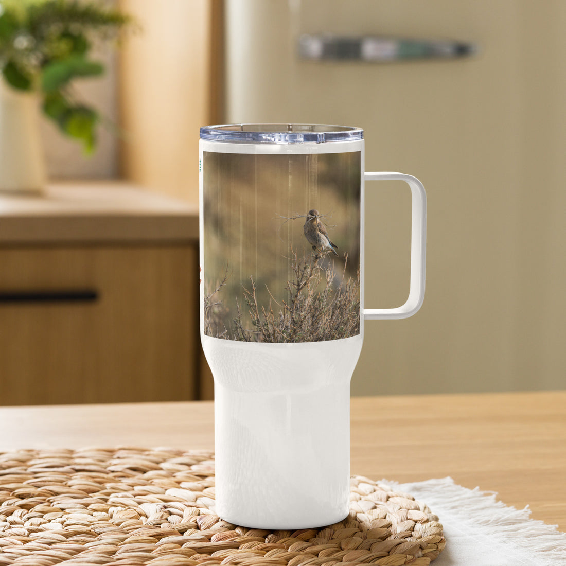 Female Mountain Bluebird Travel mug with a handle