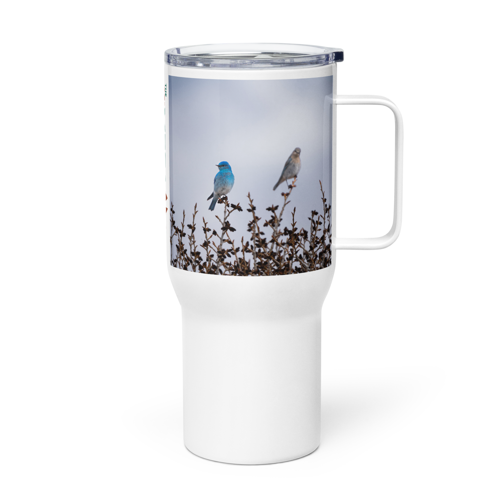 Mountain Bluebirds Travel mug with a handle