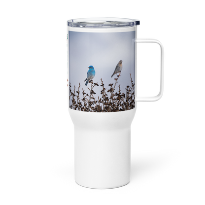 Mountain Bluebirds Travel mug with a handle