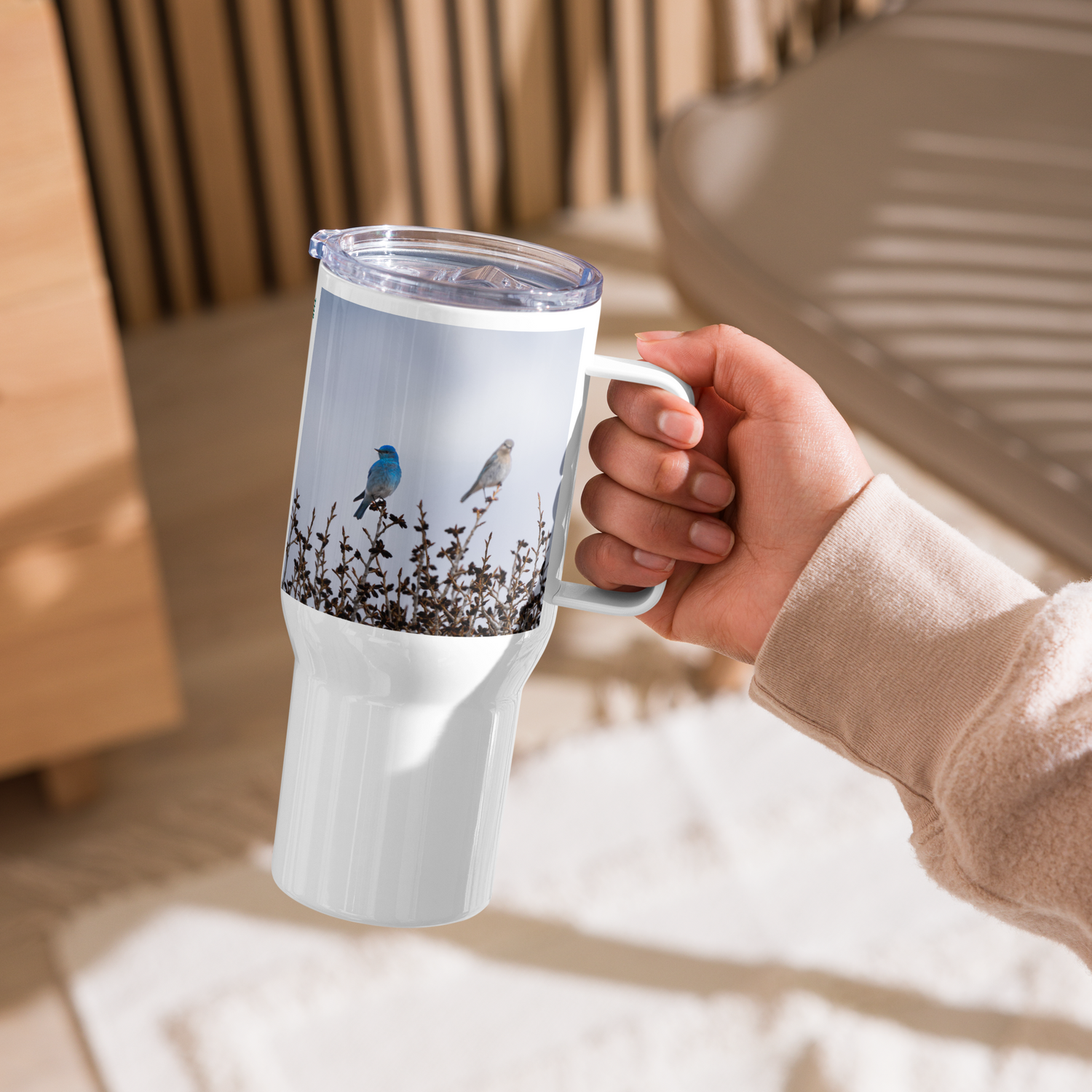 Mountain Bluebirds Travel mug with a handle