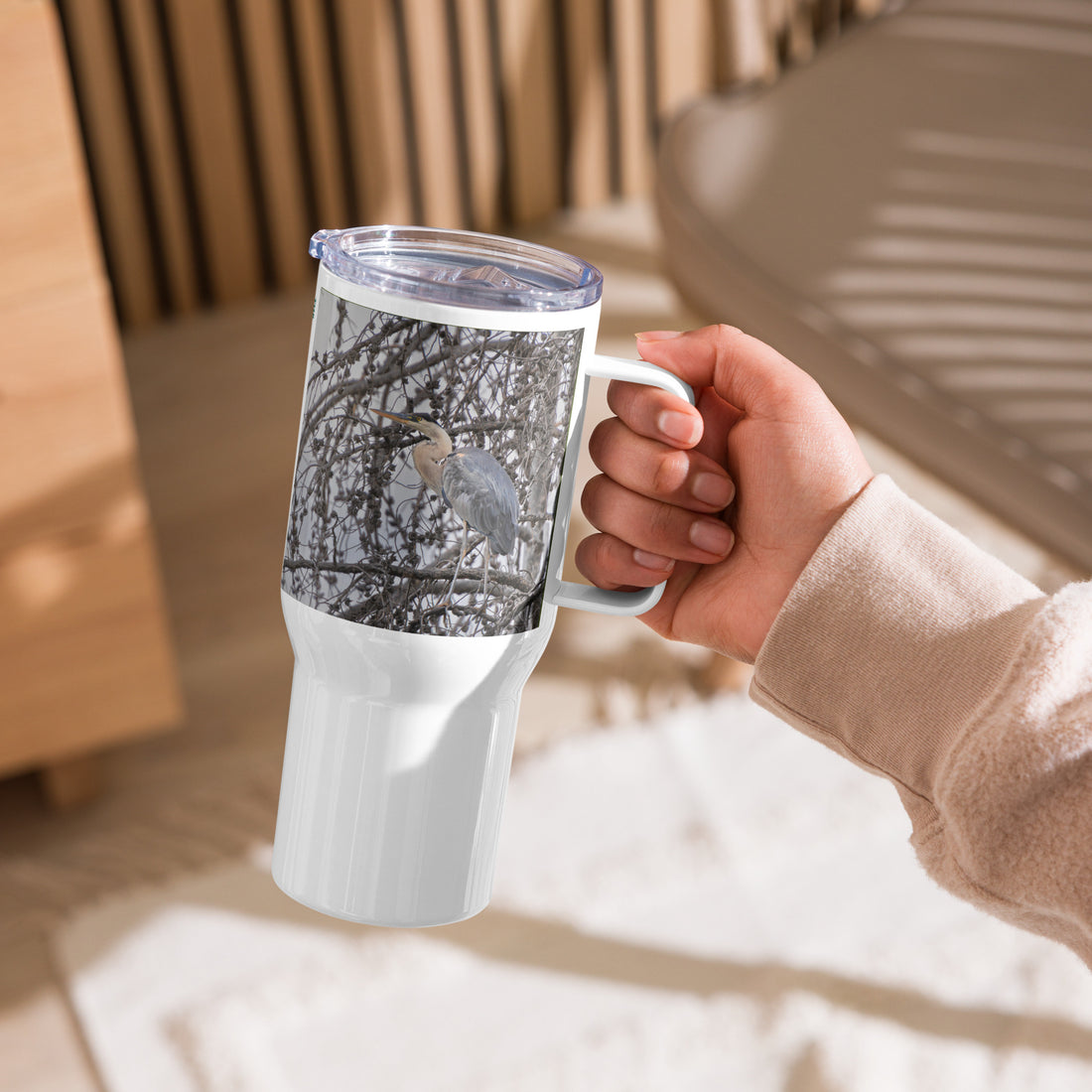 Blue Heron Travel mug with a handle