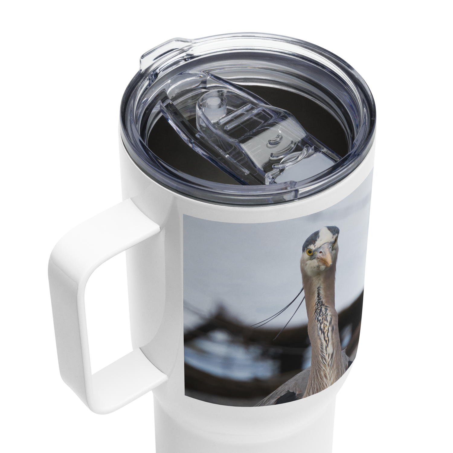 Blue Heron Travel mug with a handle