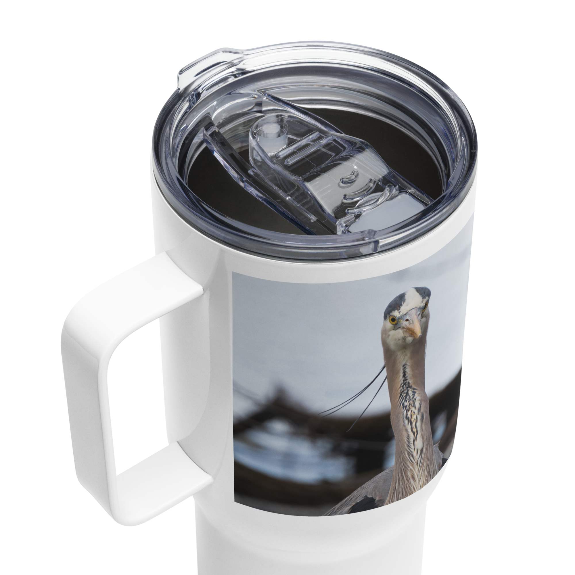 Blue Heron Travel mug with a handle