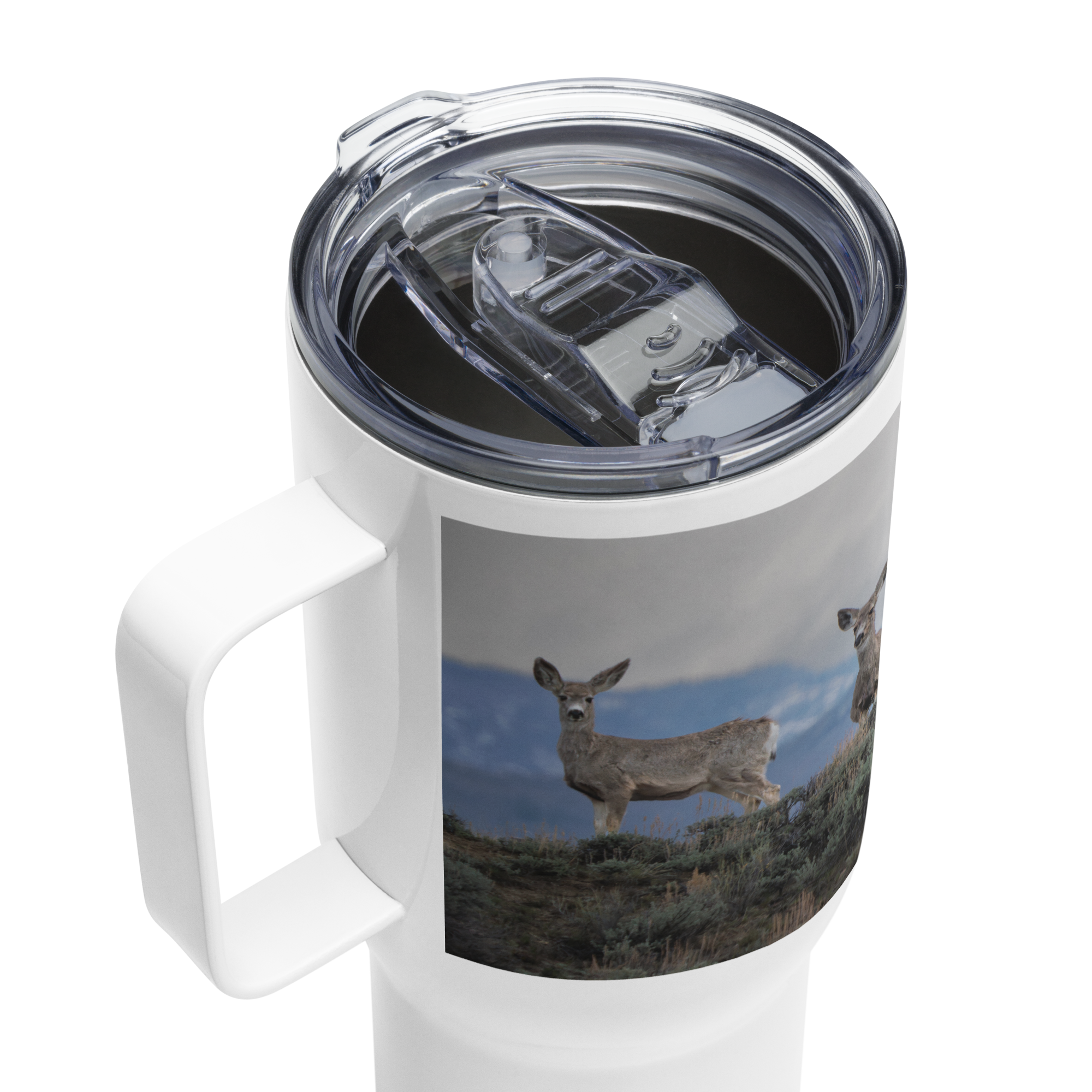 Mule Deer Travel mug with a handle