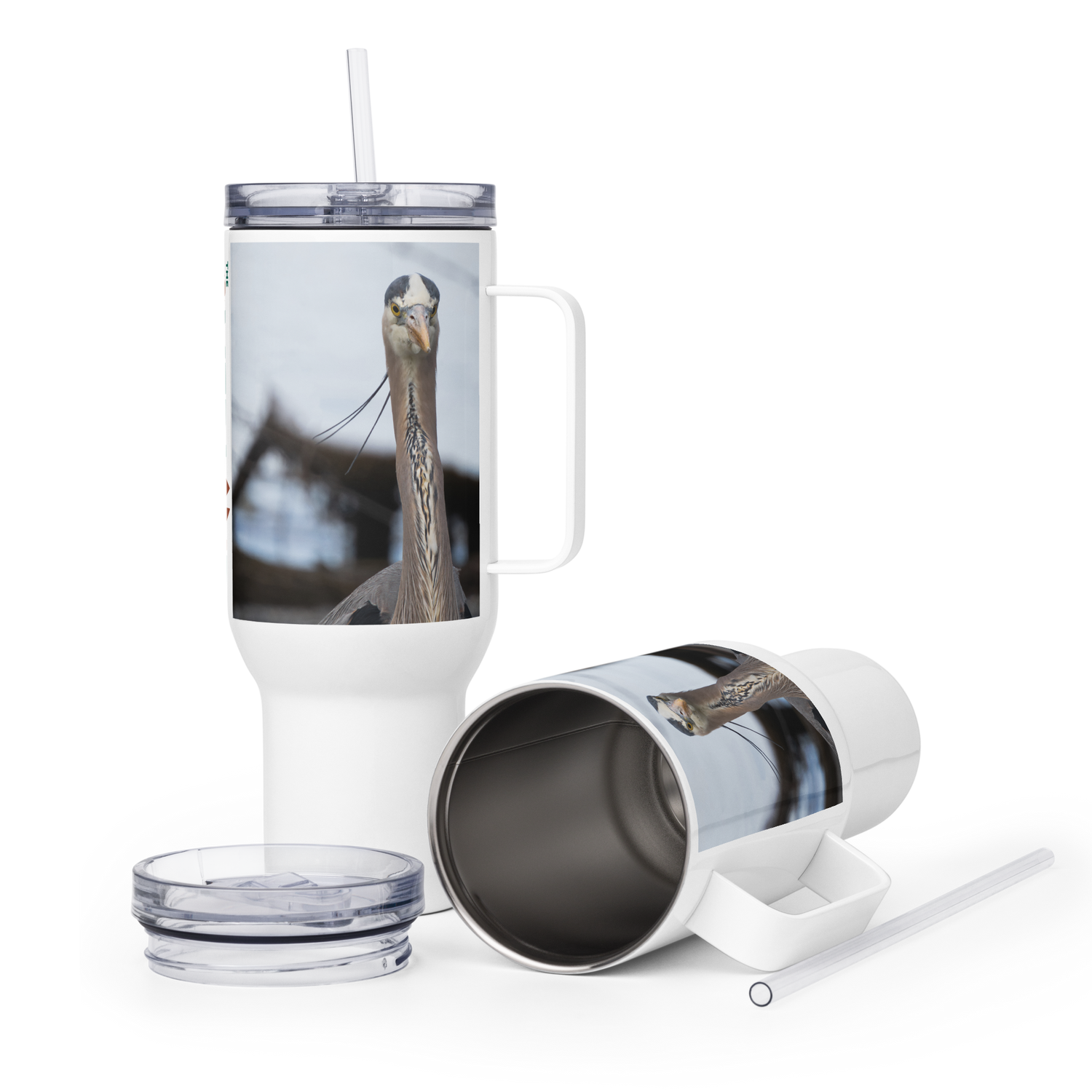 Blue Heron Travel mug with a handle