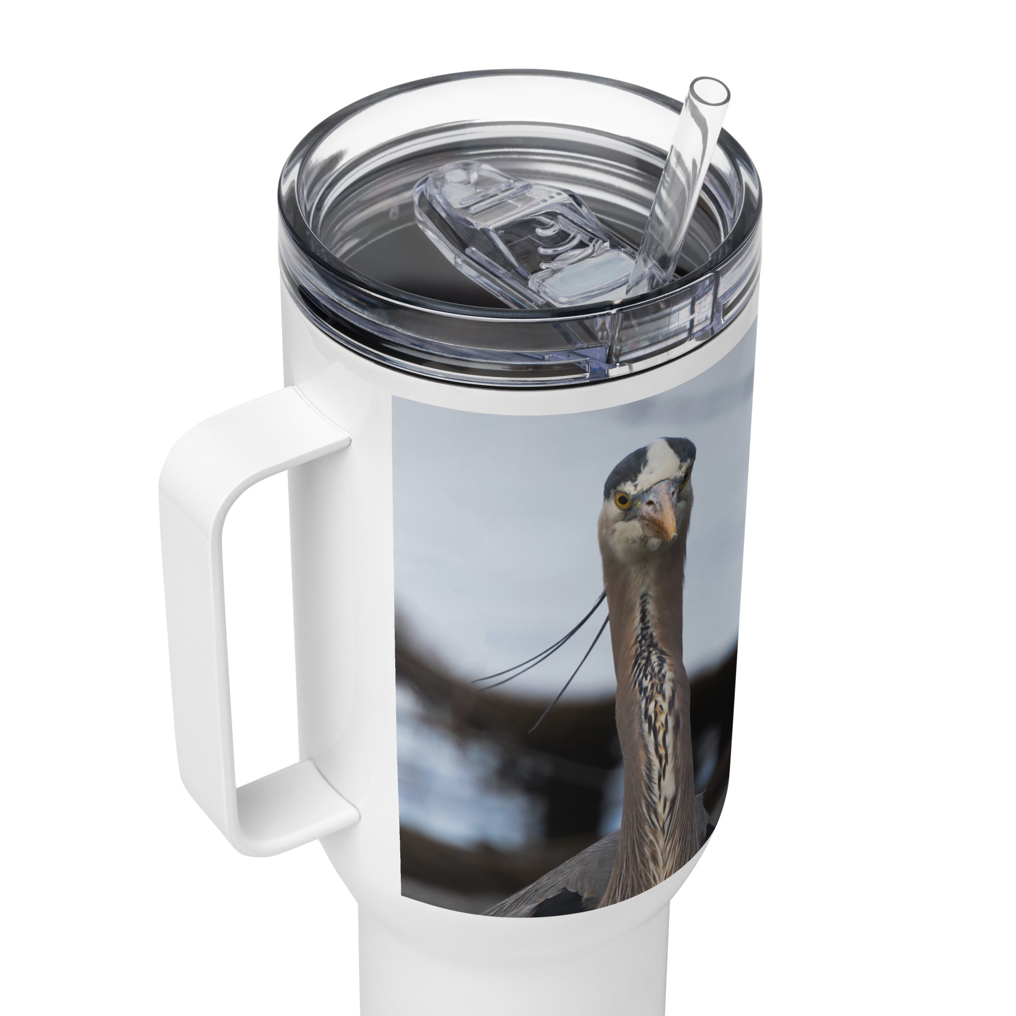 Blue Heron Travel mug with a handle