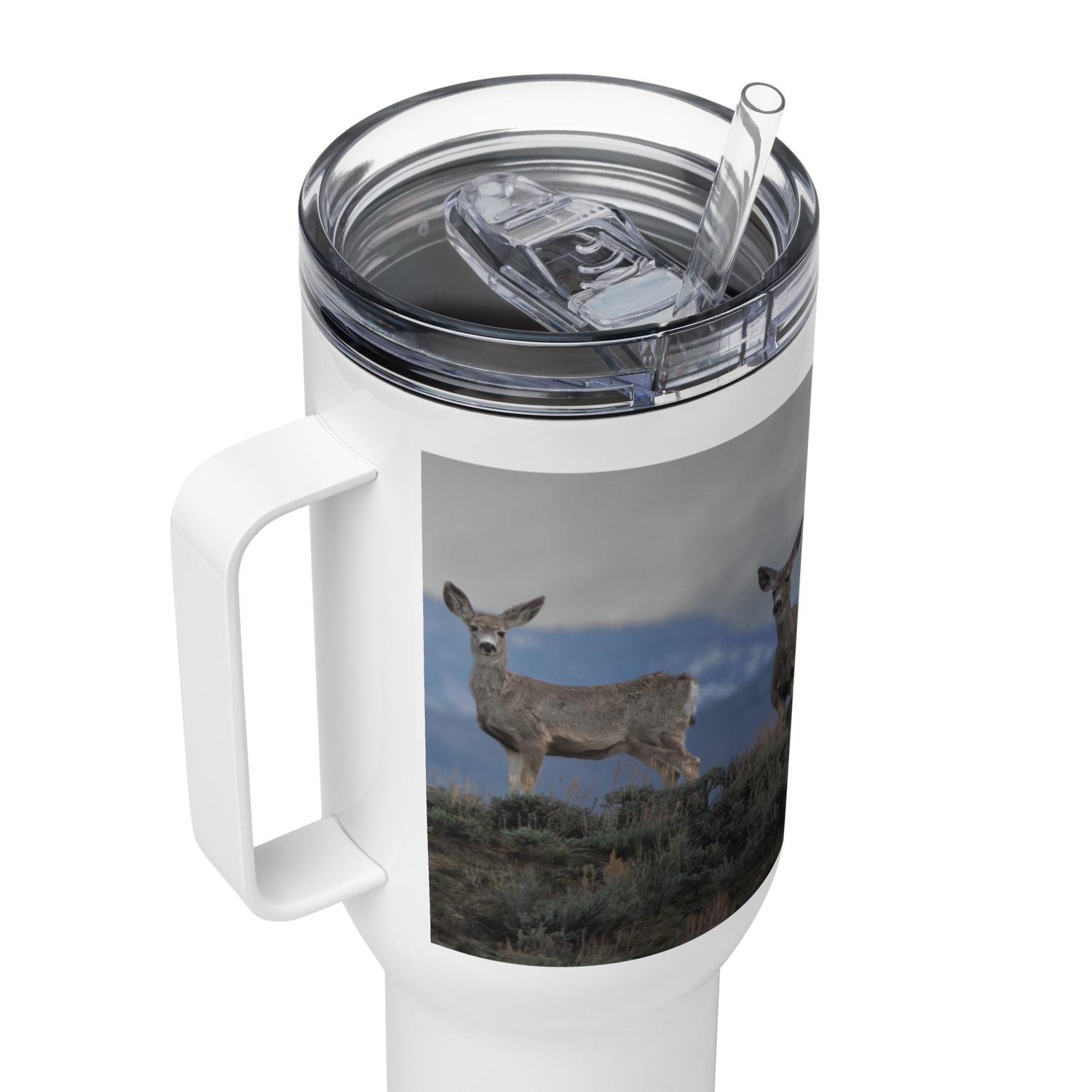 Mule Deer Travel mug with a handle