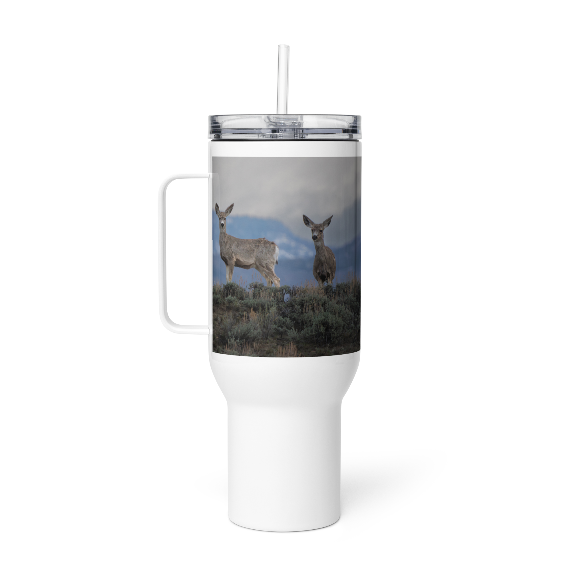 Mule Deer Travel mug with a handle