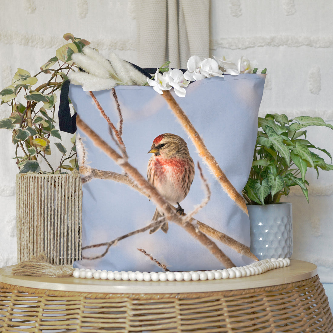 Large Tote Bags Featuring Common Redpolls: Carry a Touch of Winter’s Small Wonders