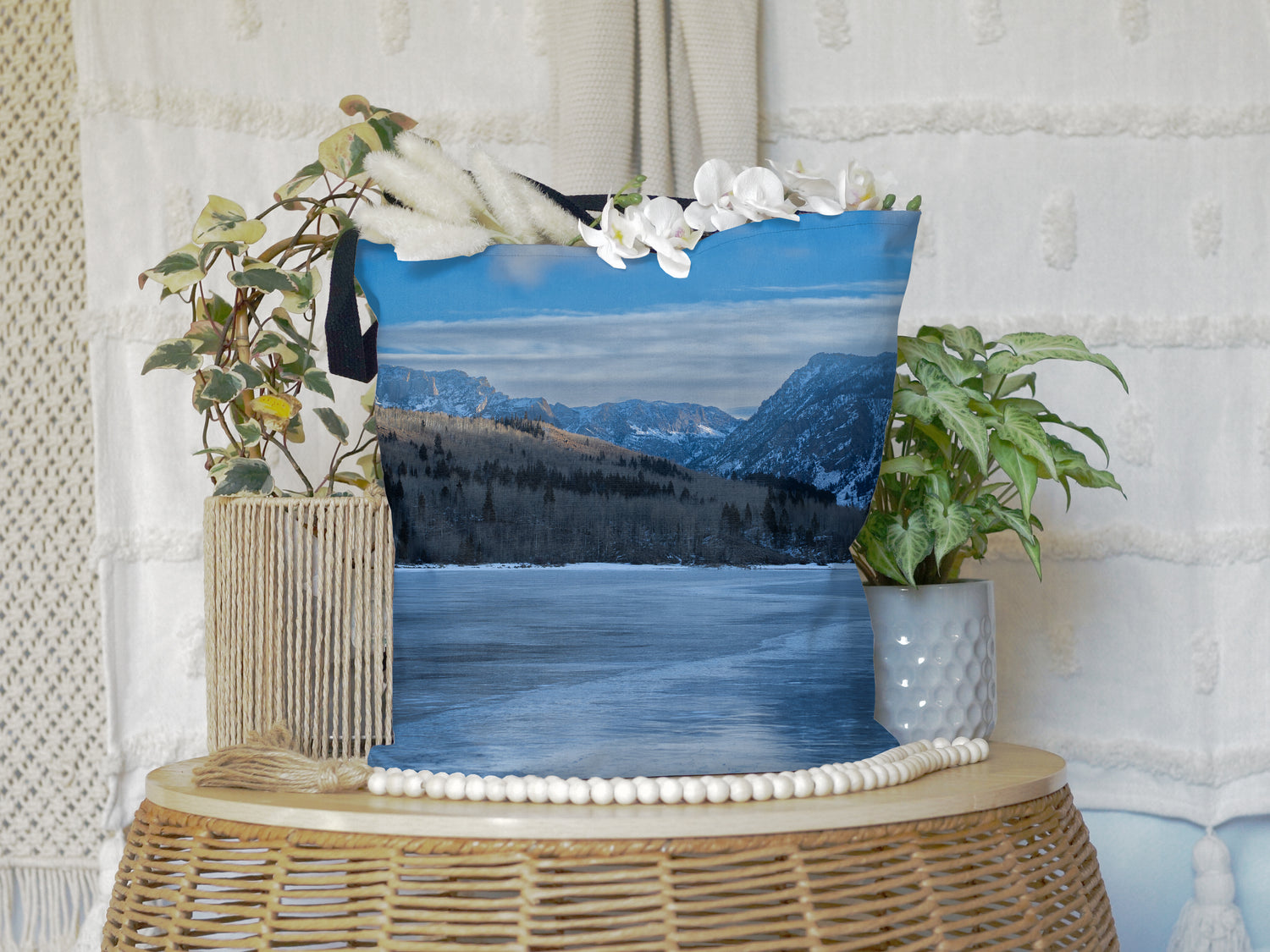 Frozen Lake View Large Tote Bags: Carry the Tranquil Beauty of Winter Wherever You Go