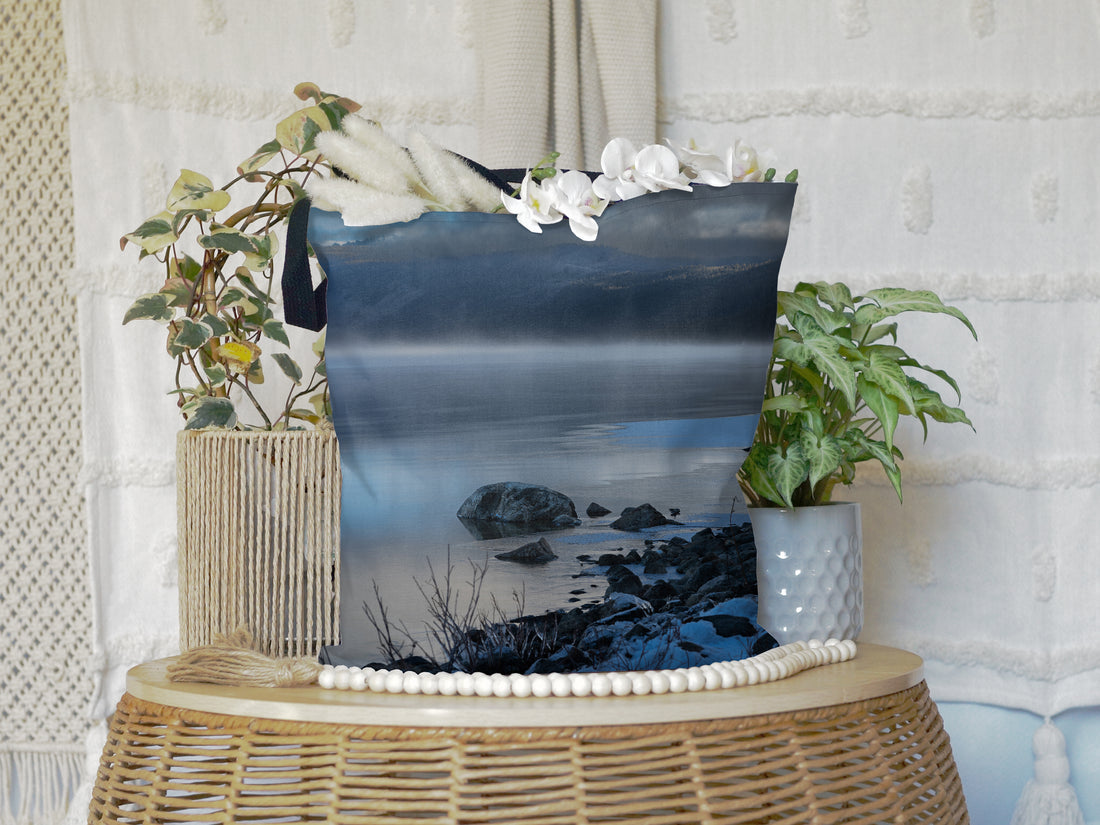 Winter Wonderland Large Tote Bags: Carry the Magic of a Lake View in Winter